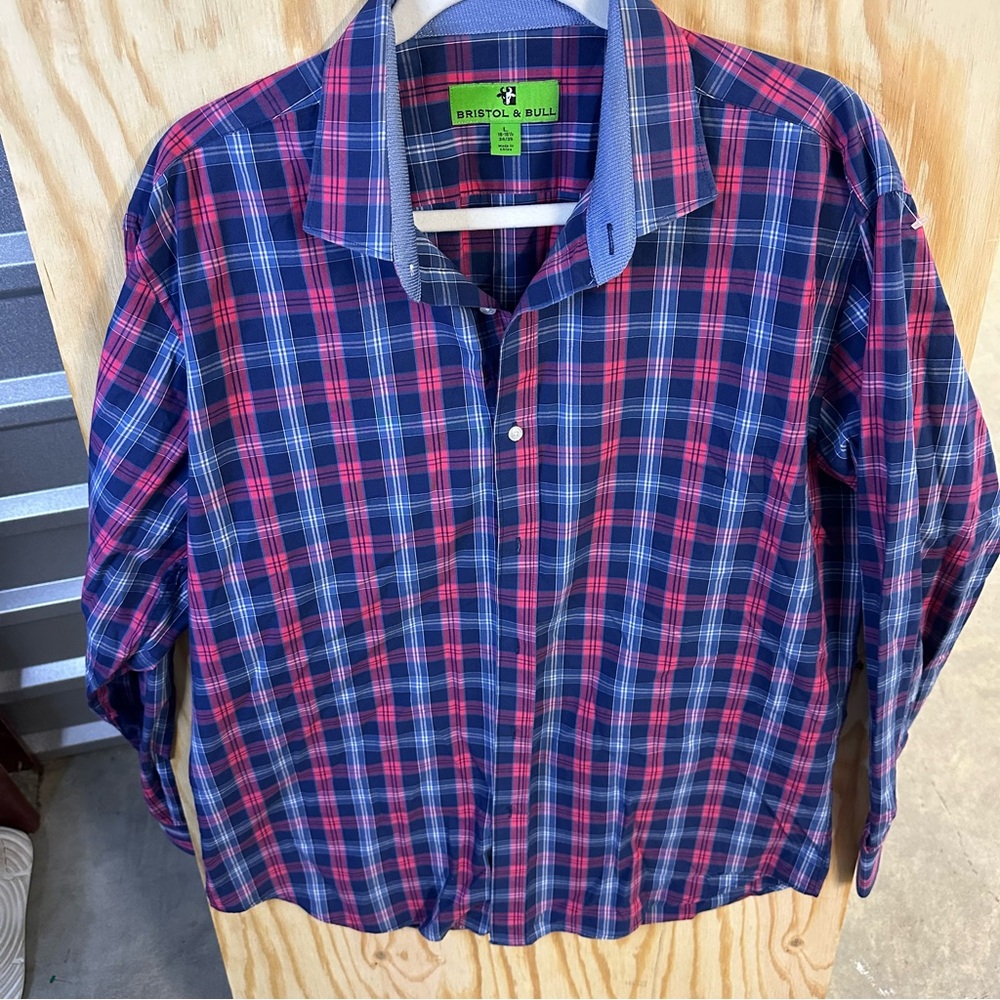 Bristol &‎ Bull Men’s Plaid Button-Down Shirt – Red & Navy Check, Size Large